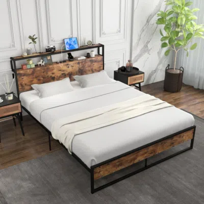 Hivvago Full/queen Bed Frame With 2-tier Storage Headboard And Charging Station-queen Size