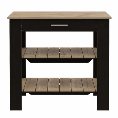 Homezia Light Oak And Black Kitchen Island With Drawer And Two Open Shelves