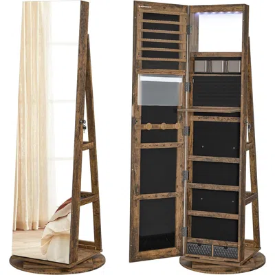 Quikfurn Rustic Brown Wood Jewelry Cabinet Armoire Organizer Freestanding Rotating Mirror