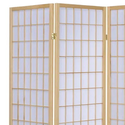Furnizzeme 3 Panel Foldable Wooden Frame Room Divider With Grid Design, Brown