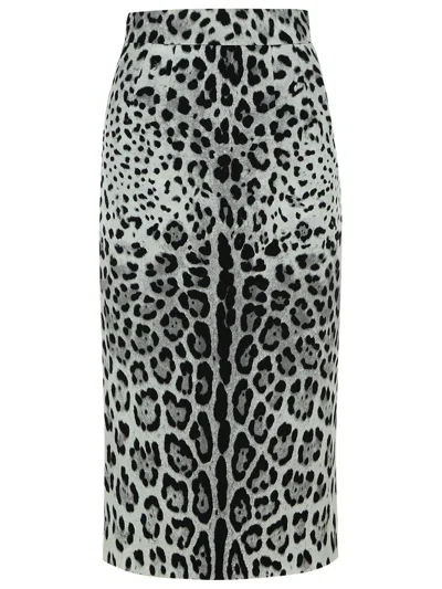 Dolce & Gabbana Leopard Print Charmeuse Longuette Skirt In Gray
