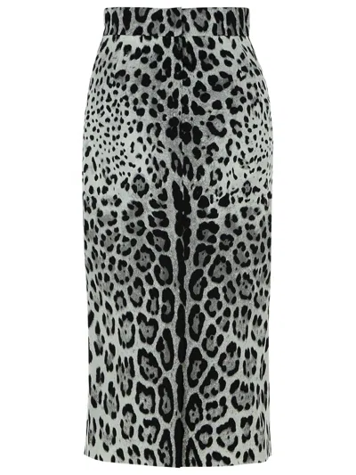 Dolce & Gabbana Leopard Print Charmeuse Longuette Skirt In Gray