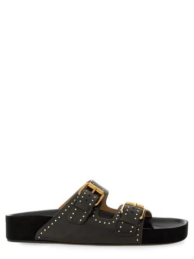 Isabel Marant Lennyo Embroidered Cutout Suede Slides In Black