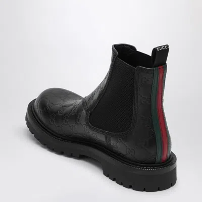 Gucci Black Leather Ankle Boot With Web Detail Men In Gray