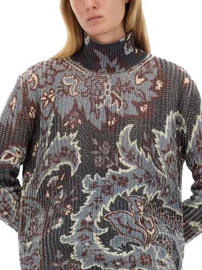 Etro Grey Floral Print Knitted Wool Sweater