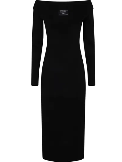 Balmain Women's Ls Double Collar Knit Zipped Midi Dress In Black