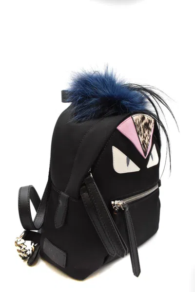Fendi Chain Strap Backpack With Adjustable Straps And Fur Detail In Black