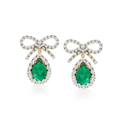 Ross-simons Emerald And White Topaz Bow Drop Earrings In 18kt Gold Over Sterling In Green