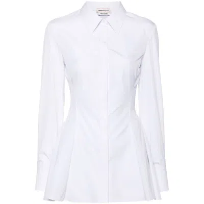 Alexander Mcqueen Mcqueen Peplum Flare Cotton Poplin Button-up Shirt In White