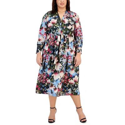 Anne Klein Plus Size Floral-print Tiered Midi Dress In Multi