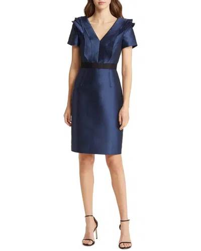 Shani Focus By  Satin Mikado Ruffle Neckline Dress In Blue