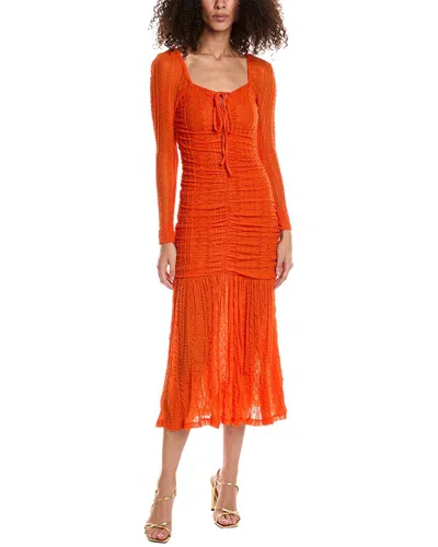 Ganni Textured Ruched Jersey Midi Dress In Orange