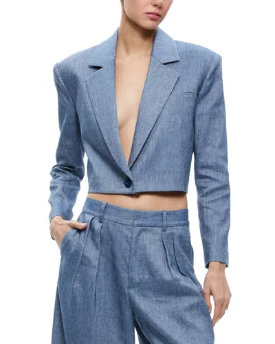 Alice And Olivia Shan Cropped Chambray Blazer In Grey