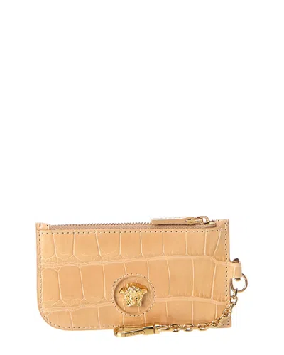 Versace La Medusa Croc-embossed Leather Card Holder In Brown