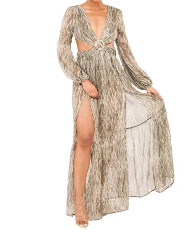 Luxxel Long Sleeve Maxi Dress With Cutout In Olive Multi In Green