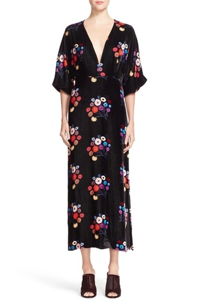 Tanya Taylor 'rena' Floral Print Velvet Midi Dress In Black Multi