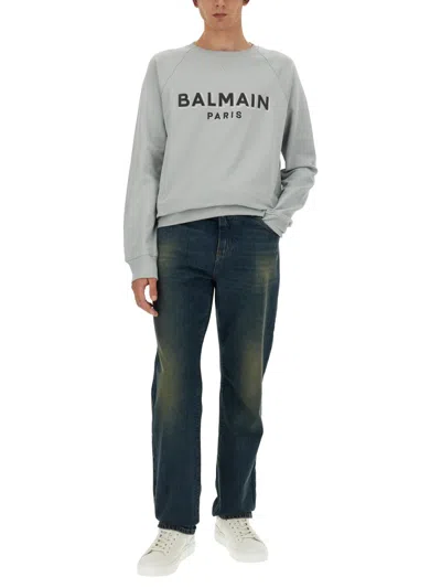 Balmain Regular Fit Flocked Logo Sweatshirt In Gray