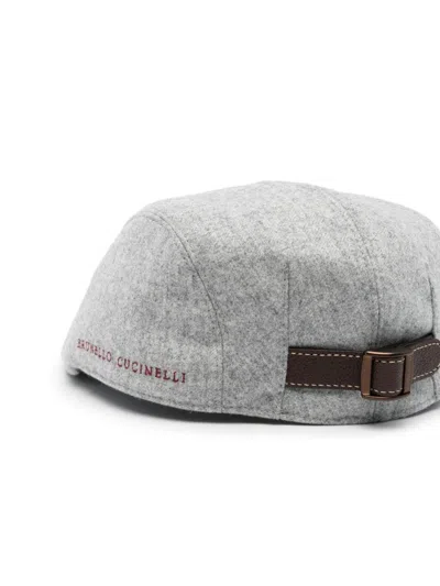 Brunello Cucinelli Virgin Wool Flannel Flat Cap With Embroidery In Light Grey