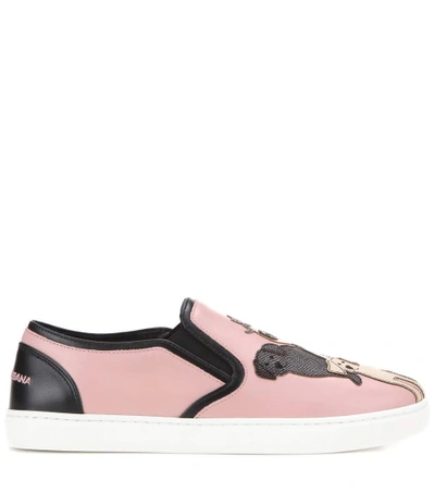 Shop Dolce & Gabbana Leather Slip-on Sneakers In Piek