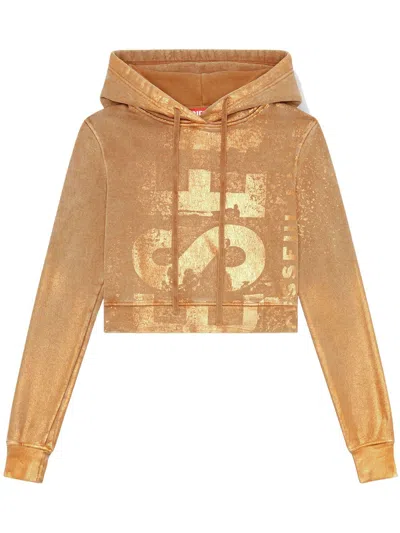 Diesel Slouchy Cropped Hoodie With Metallic Finish In Brown