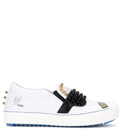 Shop Fendi Embellished Slip-on Leather Sneakers In White