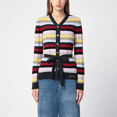 Ganni Multicoloured Striped Cardigan With Belt In Red