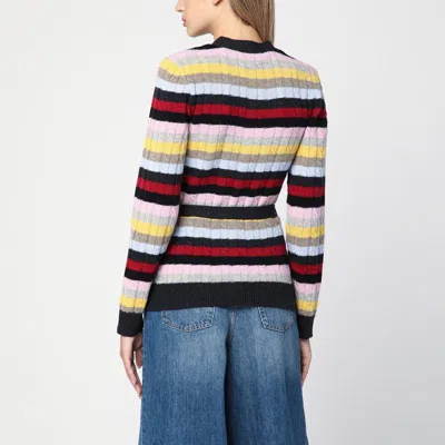 Ganni Multicoloured Striped Cardigan With Belt In Red