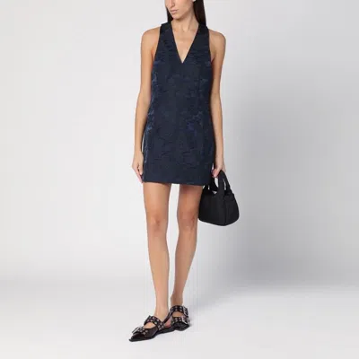 Ganni Navy Blue Botanical Jacquard Tie Strap Mini Dress
