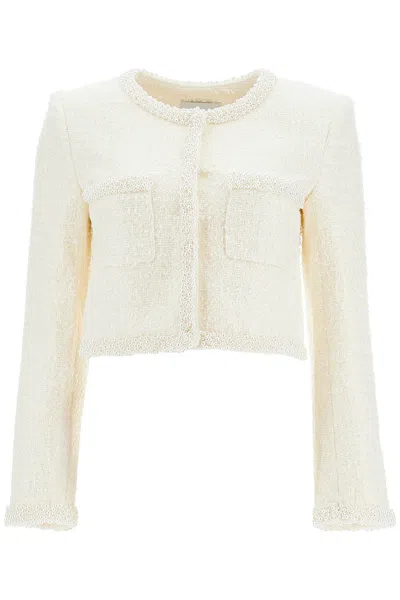Shop Self-portrait Mini Bouclé Jacket With Pearl Detailing In White