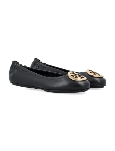 Tory Burch Mini Travel Ballet Flats With Gold Emblem In Perfect_black_/_gold
