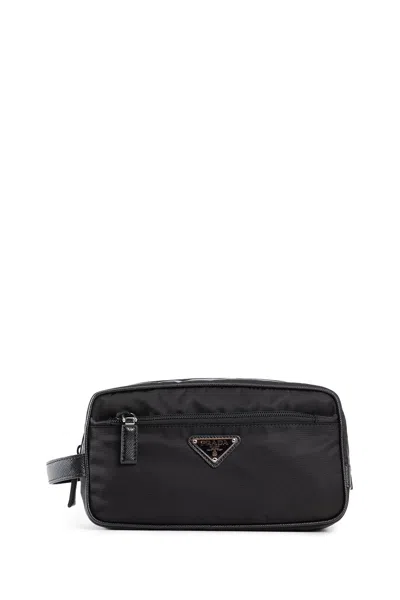 Prada Re-nylon And Saffiano Leather Travel Pouch Accessories In Black