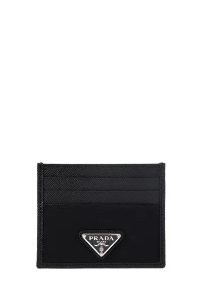 Prada Re-nylon And Saffiano Leather Cards Holder In Black