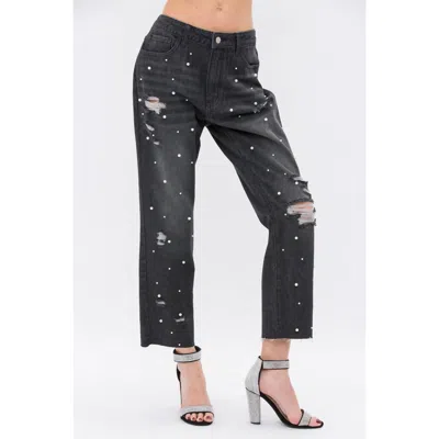 Vocal Apparel Pearl Embellished Ripped Denim Jeans In Black In Black