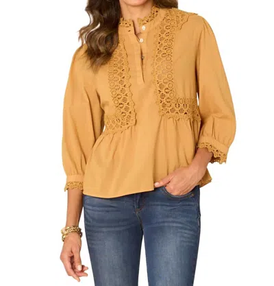 Democracy Woven High Neck 3/4 Sleeve Crochet Lace Peplum Woven Top In Dark Mustard Gold In Multi