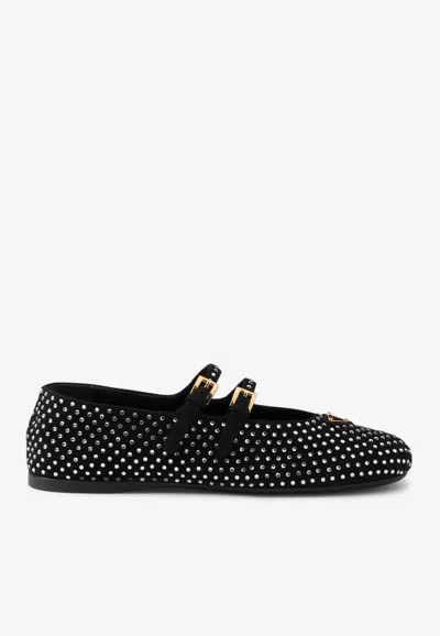 Prada Crystal Saffiano Dual Mary Jane Ballerina Flats In Black