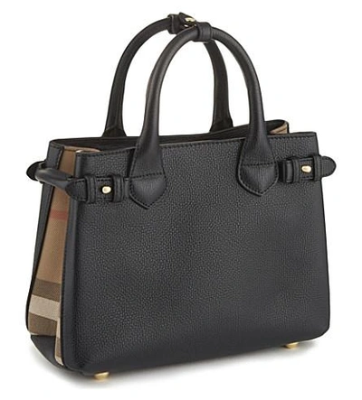 Shop Burberry Banner Small Check Leather Tote In Black