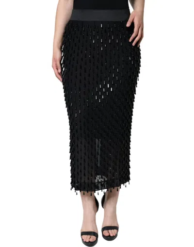 Dolce & Gabbana Black Embellished Pencil Cut Midi Skirt In Black