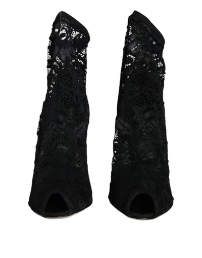 Dolce & Gabbana Lace Stretch Heels Mid Calf Boot Women's Shoes In Black