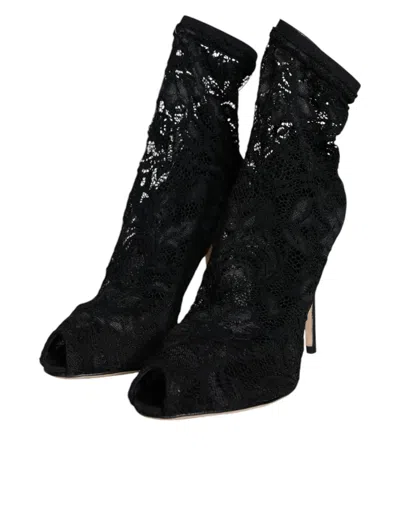Dolce & Gabbana Lace Stretch Heels Mid Calf Boot Women's Shoes In Black