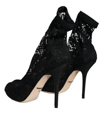 Dolce & Gabbana Lace Stretch Heels Mid Calf Boot Women's Shoes In Black
