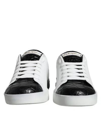 Pre-owned Dolce & Gabbana Black Leather Logo Portofino Sneaker Men's Shoes () In Black And White
