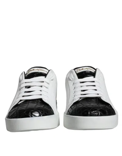 Pre-owned Dolce & Gabbana Black Leather Logo Portofino Sneaker Men's Shoes () In Black And White
