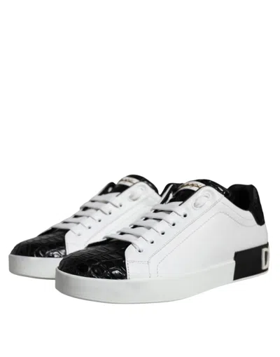 Pre-owned Dolce & Gabbana Black Leather Logo Portofino Sneaker Men's Shoes () In Black And White