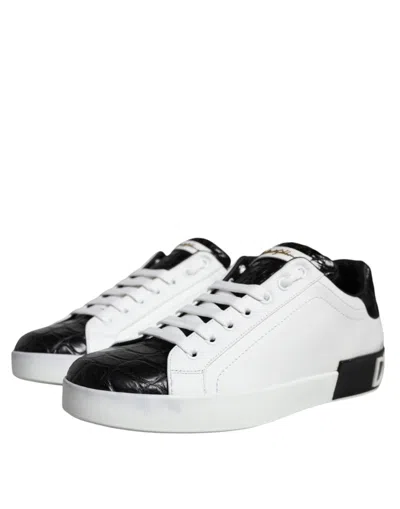 Pre-owned Dolce & Gabbana Black Leather Logo Portofino Sneaker Men's Shoes () In Black And White