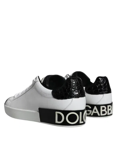 Pre-owned Dolce & Gabbana Black Leather Logo Portofino Sneaker Men's Shoes () In Black And White