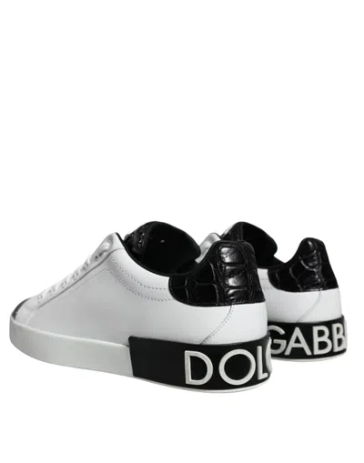 Pre-owned Dolce & Gabbana Black Leather Logo Portofino Sneaker Men's Shoes () In Black And White