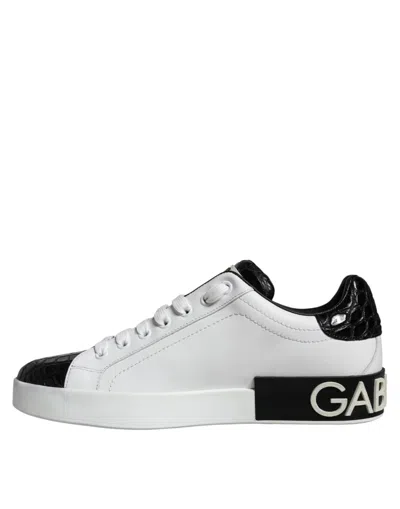 Pre-owned Dolce & Gabbana Black Leather Logo Portofino Sneaker Men's Shoes () In Black And White