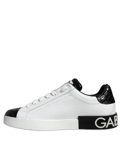 Pre-owned Dolce & Gabbana Black Leather Logo Portofino Sneaker Men's Shoes () In Black And White