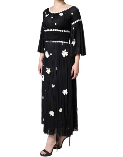 Dolce & Gabbana Black Silk Daisy A-line Long Maxi Women's Dress In Black