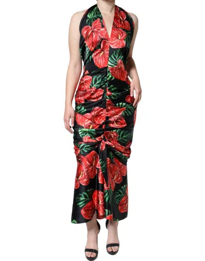 Pre-owned Dolce & Gabbana Black Tropical Floral Sheath Maxi Women's Dress ()